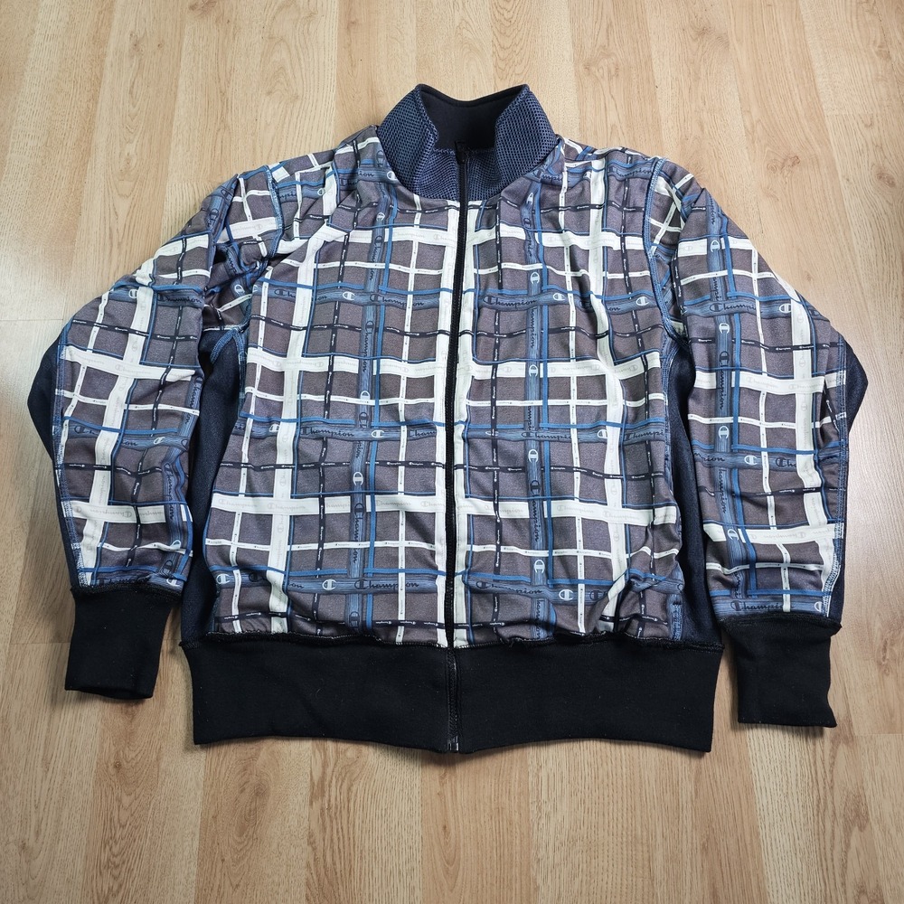 Champion Reversible Track Jacket Mens Large Black Plaid Full Zip Mesh Athletic